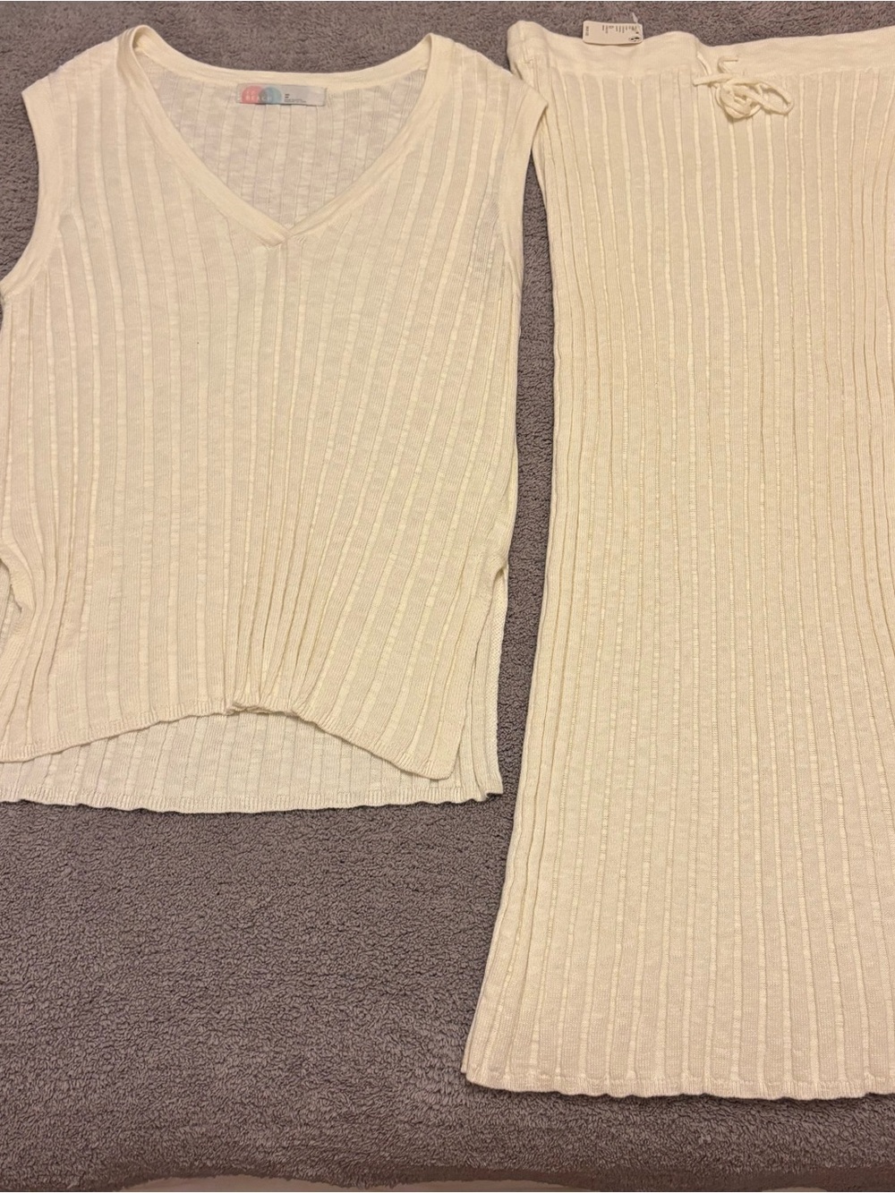Free People Beach Cream Ribbed V-Neck Knit Top and Skirt Set - Women's